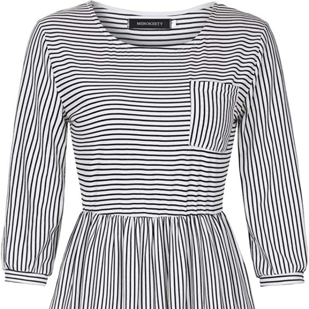 3/4 Balloon Sleeve Striped High Waist T Shirt Midi Dress with Pockets